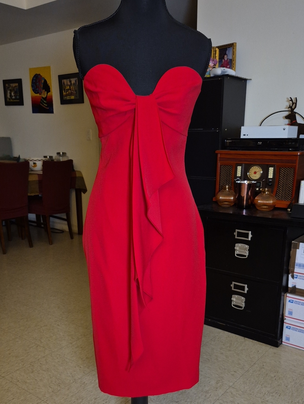 BCBGMaxAzria Red Strapless Midi Dress with Front Drape